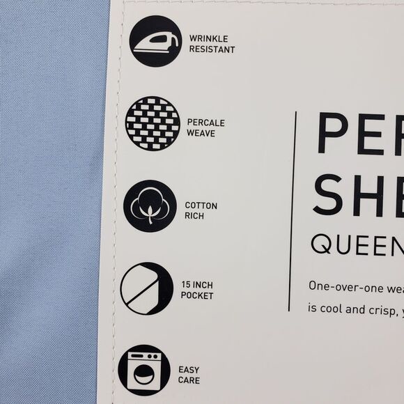 AQ Textiles Percale Sheet Set Queen Solid Blue 4 pc 220 Thread Count - Picture 6 of 9